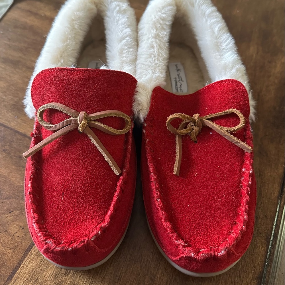 Red Suede Moccasin Slippers with Faux Fur Lining
